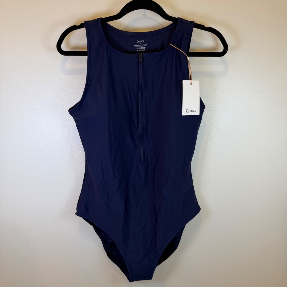 Quince Navy Blue Italian Front Zip One Piece Swimsuit XL NWT Bathing Suit Resort